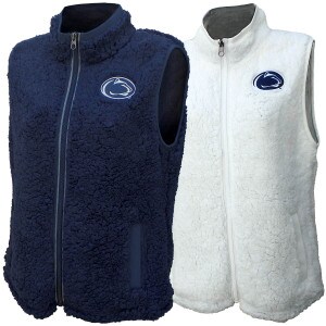 women's navy & white sherpa fleece vests with embroidered Penn State Athletic Logo on left chest